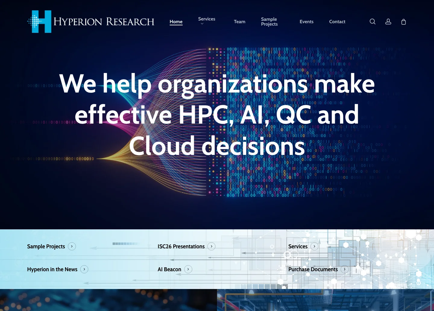 Redesigned Hyperion Research homepage with a dark navy hero and bright blue technology imagery