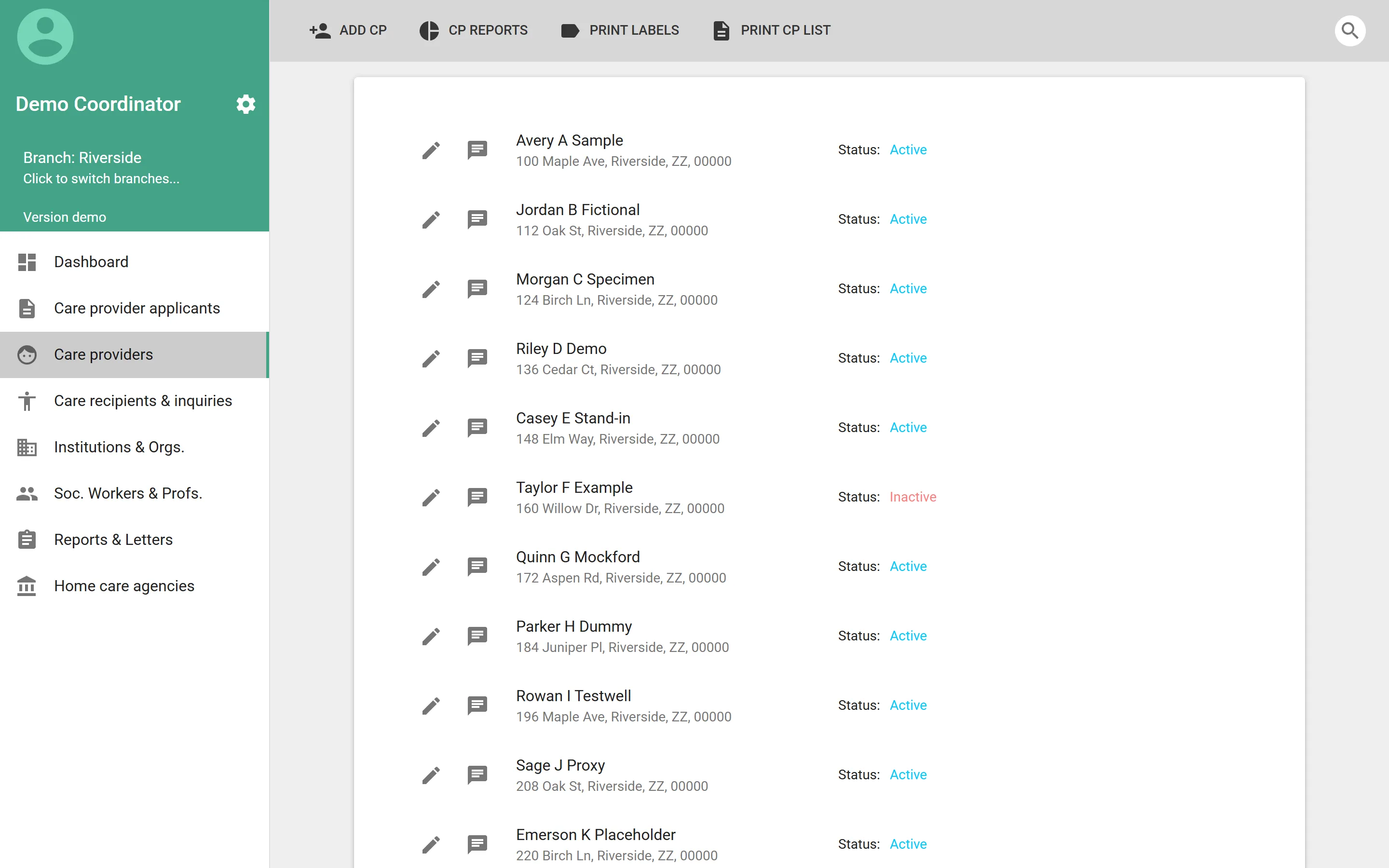 Care providers list in the operations app with demonstration data, scoped to the Riverside branch, showing each caregiver's address, active or inactive status, and edit and chat actions