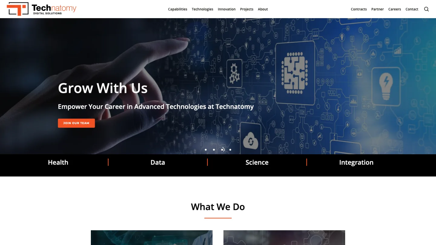 Redesigned Technatomy homepage with dark technology imagery and a Grow With Us message